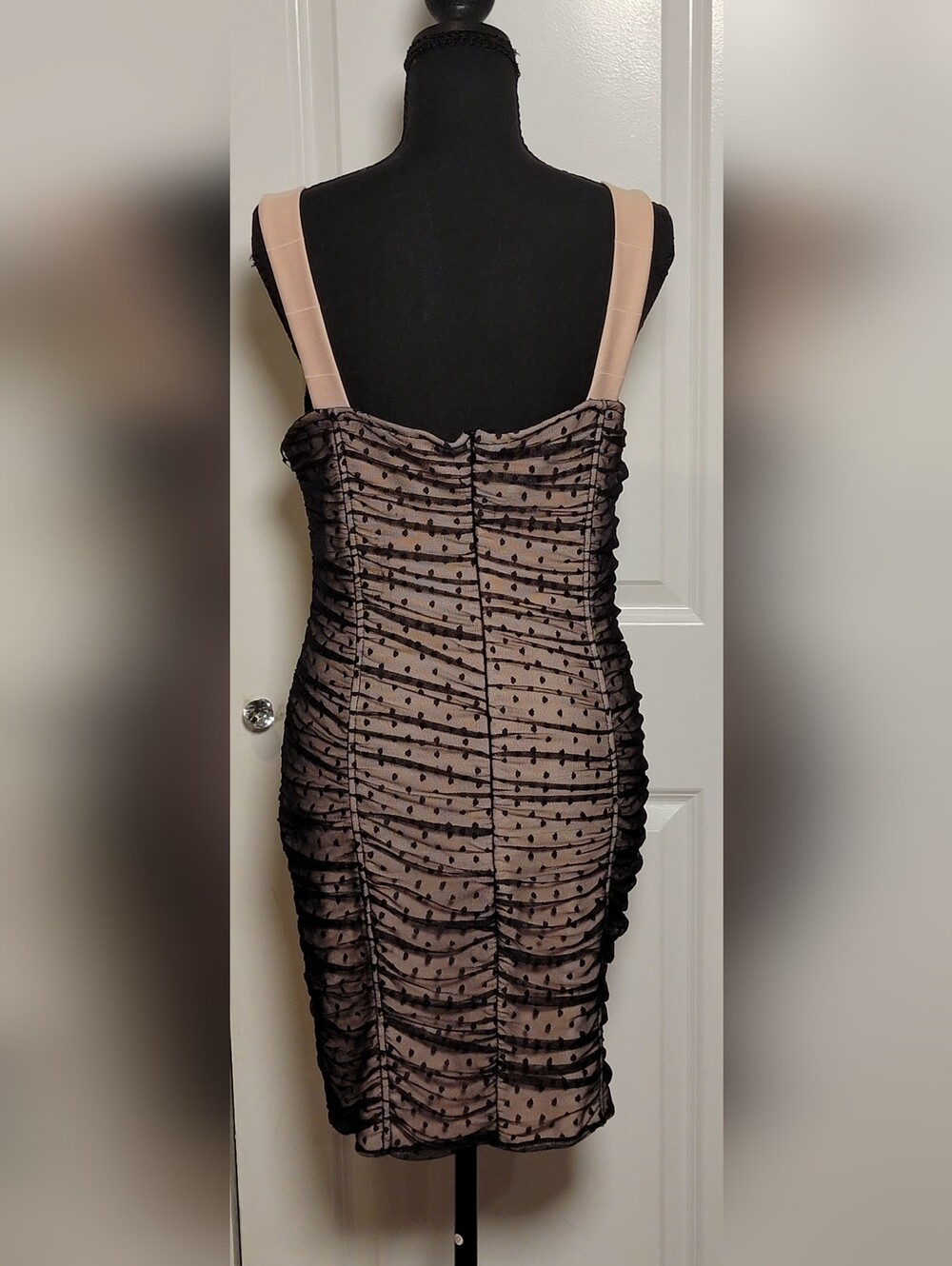 Haute Monde Polka Dot Mesh Bodycon Mini Dress Women’s Medium Black Nude NWT - Picture 3 of 3